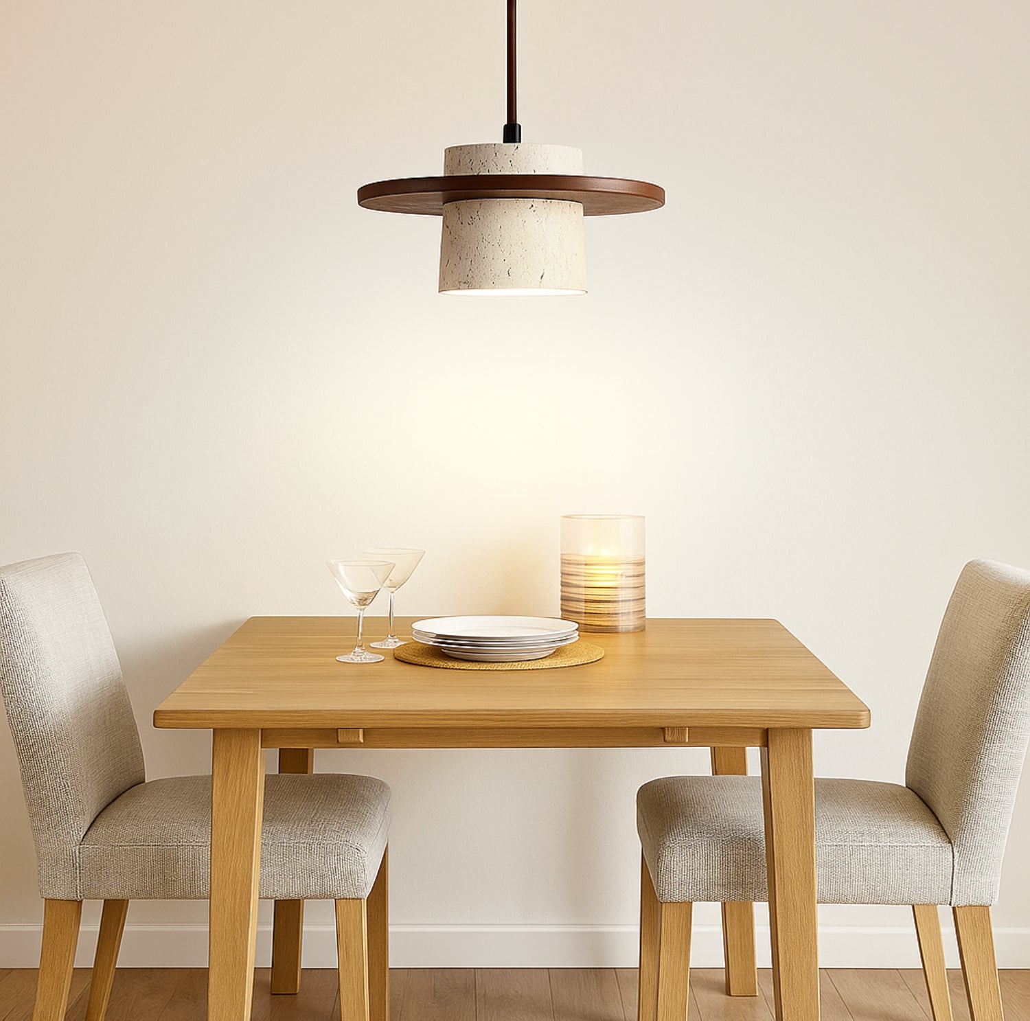 Nomaenest Arclume - Travertine &amp; Wood Pendant Light